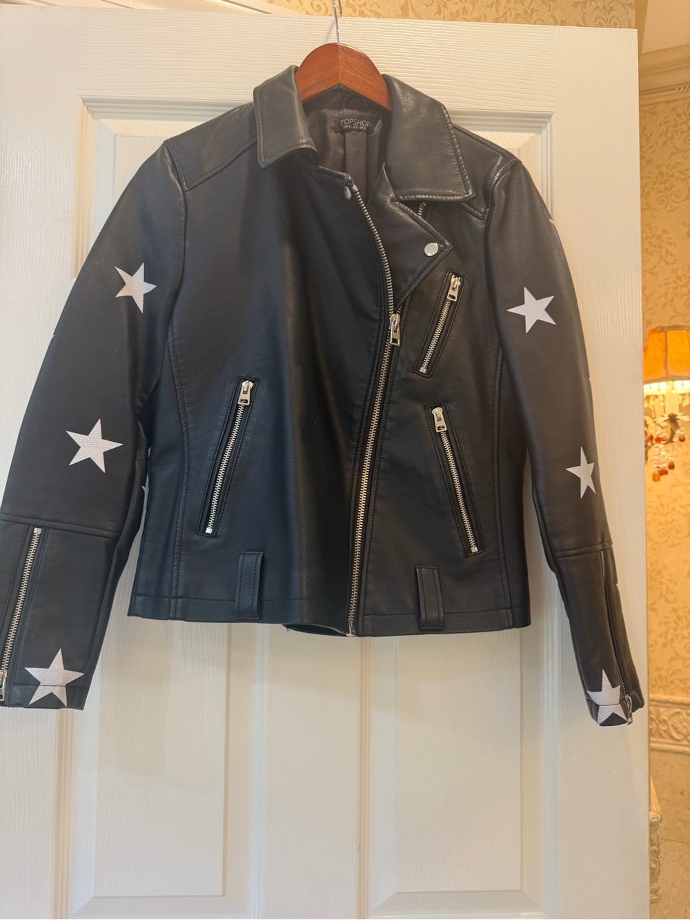Top Shop Black Star-Print Leather Moto Jacket